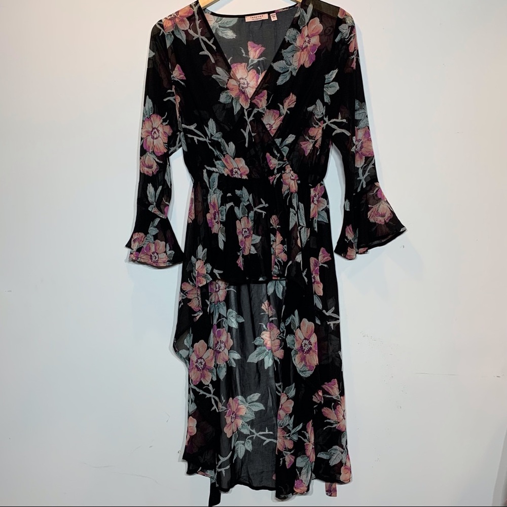 EUC Tempted Los Angeles Sheer Black and Floral‎ Cover-Up Dress
